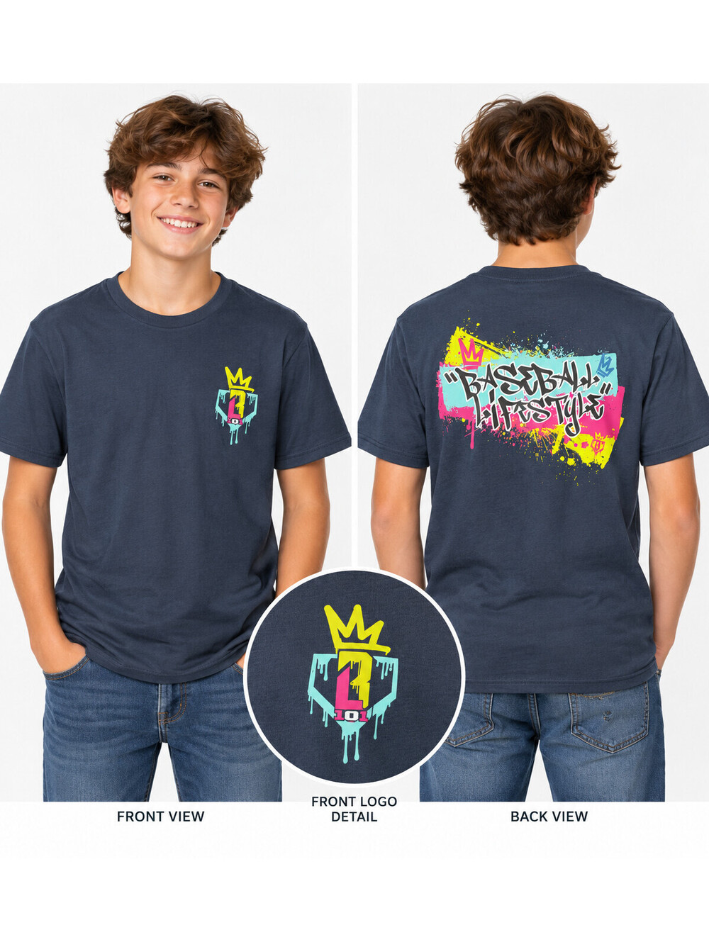 Baseball Lifestyle 101 Men's L Navy Blue Graffiti Crown Splatter Graphic T-Shirt